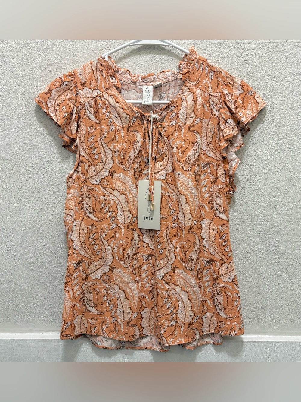 Joie Orange Paisley Flutter Sleeve Peasant Lace Up Neckline Blouse NWT Small